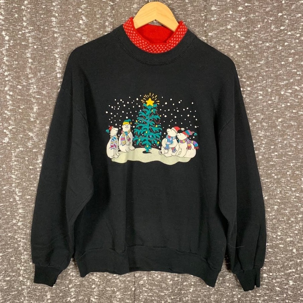 Gopher Sport Christmas Polar Bear Mock Neck Sweatshirt Black Women's Large